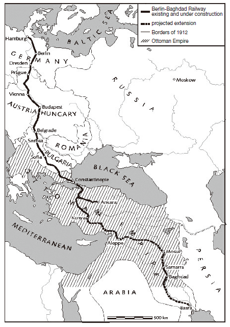 독일이 오스만제국과 헝가리제국을 관통하여 베를린과 바그다드를 연결하고 아래로는 페르시아만으로 진입하기 위해 구상했던 철로. (출처: www.archaeoplan.com/Div01.htm)