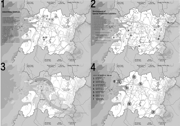 전북 시·군의 구상들:1.산업단지 개발구상2.특산단지 개발구상3.첨단산업벨트4.일곱 신도시 계획