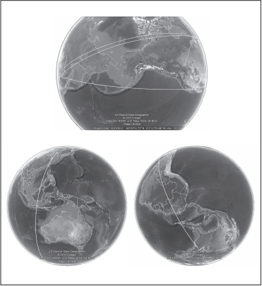  북 대륙간탄도탄의 북극궤도(위)와 남극궤도(좌우)